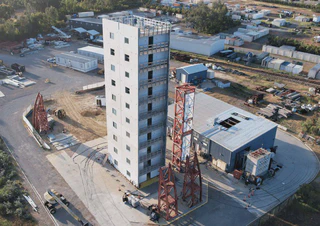 The 10-story CFS10 test building installed on the shake table.